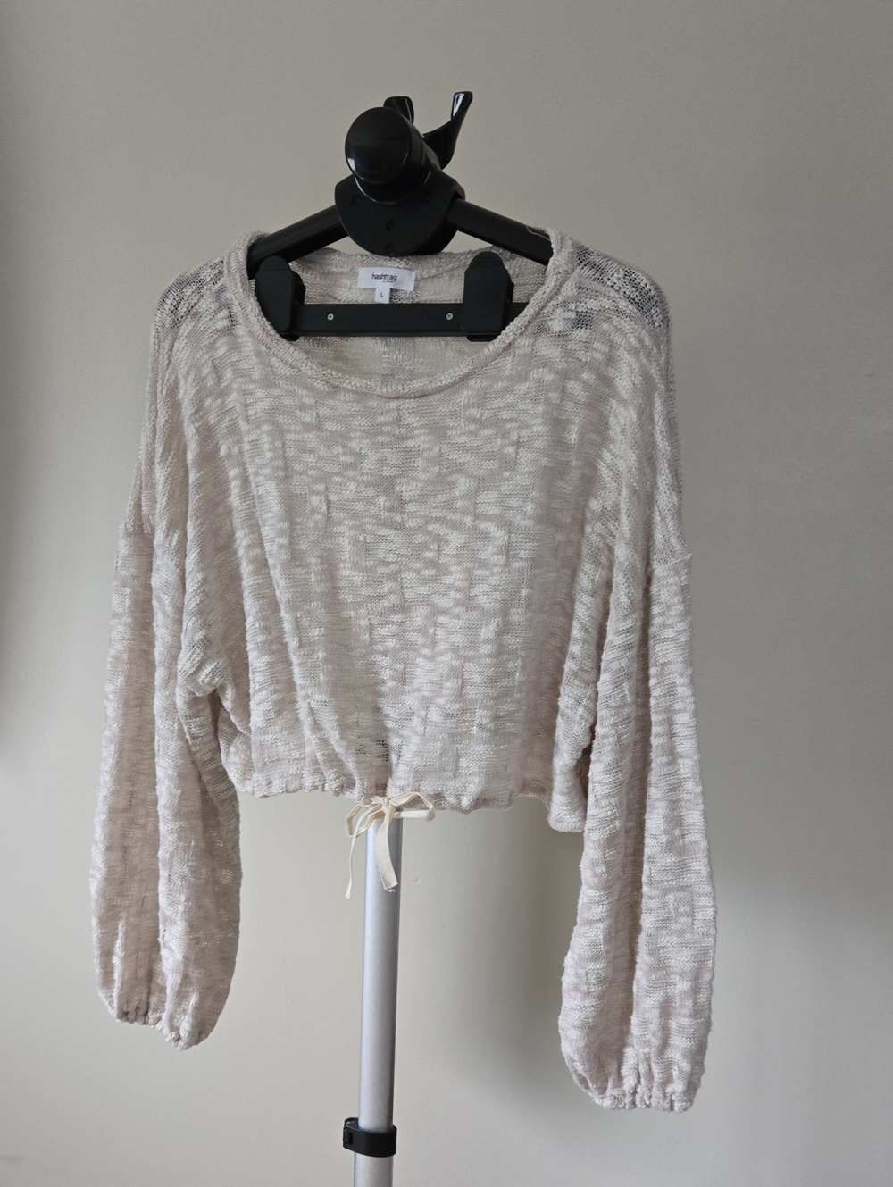 Cropped Drawstring Crewneck Sweater in Light Oatmeal